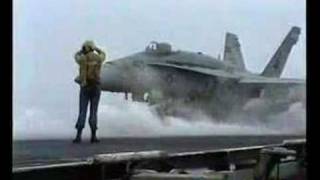 F 18A in action a bordo della portaerei Uss America CV 66 [upl. by Ahsenac]