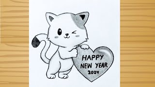 Happy New year Drawing  2024  New year 2024 drawing tutorial for beginners  Art video easy [upl. by Mullac]