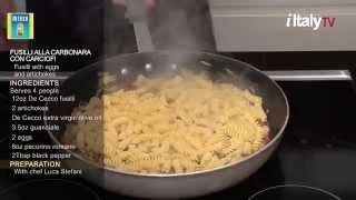 PastaMania 6 quotFusilli alla Carbonara con Carciofiquot Fusilli with eggs guanciale and artichokes [upl. by Nylteak847]