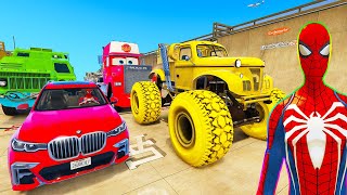 SPIDERMAN CARS Monster Trucks Mega LAKE Ramp Challenge  SUPERHERO GOKU JEEP Windmill Stunts  GTA V [upl. by Airol786]