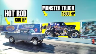 MONSTER TRUCK vs HOT ROD  2000 Horsepower Drag Race [upl. by Tiduj504]