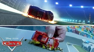 Lightning McQueens Crash Scene  SIDE BY SIDE VIDEO  Pixar Cars [upl. by Ydnec892]