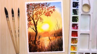 Watercolor painting for beginners beautiful sunset and tree [upl. by Ardnikal900]