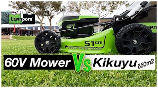 Greenworks 60V Pro Versus Thick Kikuyu 650m2 [upl. by Nonnahsal]