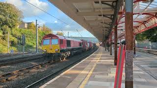 dbcargo 66 168 accelerates through Lancaster on Seaforth to Mossend Intermodal [upl. by Moffat]