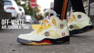 OFF WHITE Air Jordan 5 Sail Review amp On Feet [upl. by Gisela183]