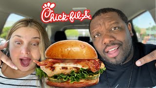 We ATE The NEW CHICK FIL A Maple Pepper Bacon Sandwich Food Review [upl. by Eleynad]