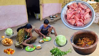 Authentic VillageStyle HANDI CHICKEN Curry And Cabbage Bhujia Recipe by Our Rural Mother And Son [upl. by Ylellan]