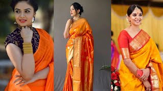 Stunning Orange saree with contrast blouse designs Orange silk saree with combination blouse ideas [upl. by Brenda732]