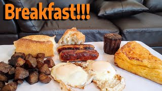 HUGE BREAKFAST MUKBANG EGGS POTATOES SAUSAGE CRUNCHY BREAD PASTRY DESSERTS CANELE AND APPLE [upl. by Ayotna]