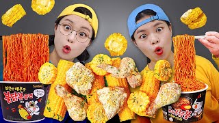 SPICY FIRE NOODLES CORN FRIED CHICKEN MUKBANG 불닭볶음면 콘소메이징 치킨 먹방 TIMI ENGLISH [upl. by Ellehsor]