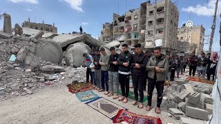 Gazans prayed the second Friday prayer of Ramadan in the rubble of the destroyed Farouk Mosque [upl. by Aneelahs]