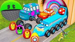 Long Cars vs Big amp Small Mcqueen with Monster Truck Wheels vs Trains Thomas  BeamNGDrive [upl. by Jose49]