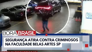 Segurança reage a assalto e atira contra criminosos na Faculdade Belas Artes em SP [upl. by Arikehs]