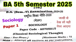 ba 5th semester sociology question paper 1  classical sociology thought ba 5th semester 2025 [upl. by Geiger869]