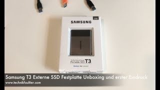 Samsung T3 Externe SSD Festplatte Unboxing und erster Eindruck [upl. by Ahsinnod]