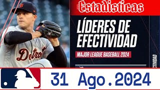 Líderes de Pitcheo MLB  31 Agosto 2024 Estadísticas Grandes Ligas [upl. by Ihsorih]