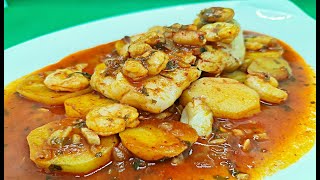 FILETES DE GALLINETA AL CAVA CON GAMBAS Y PATATAS RECETA FACIL SENCILLA RAPIDA DELICIOSA DE PESCADO [upl. by Nywloc]