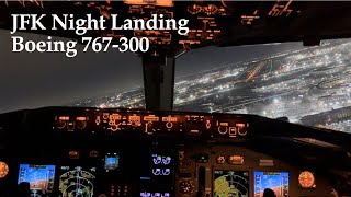 Boeing 767300 JFK Night Landing  Cockpit View [upl. by Ginsburg]