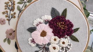 Pink and Burgundy peonies Hand embroidery for beginners [upl. by Stich]