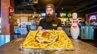 YOU WIN A HUGE TROPHY IF YOU FINISH THIS FOOD CHALLENGE IN A BOWLING ALLEY  BeardMeatsFood [upl. by Hatokad]