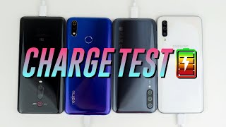 Xiaomi Mi 9T vs Realme 3 Pro vs Samsung Galaxy A50 vs Mi A3 battery charging comparison [upl. by Jos]