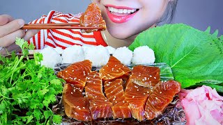 ASMR RAW SALMON IN SOY SAUCE EATING SOUNDS  LINHASMR [upl. by Latsryc208]