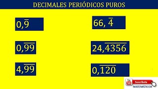 867 DECIMALES PERIÓDICOS PUROS 09 ̅  099 ̅  499 ̅  66 4 ̅  244356 ̅ [upl. by Ahsaf374]