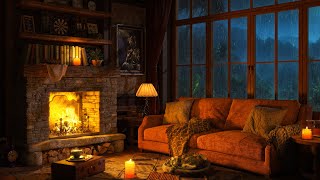 Sleep In This Cozy Room Ambience with Smooth Jazz Music amp Rain On Window Sounds Crackling Fireplace [upl. by Kenwrick]