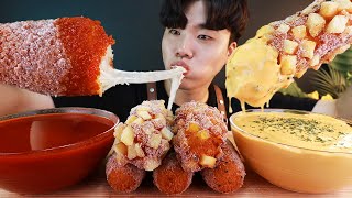 ASMR MUKBANG 명랑핫도그 체다치즈소스 떡볶이국물 먹방 CHEESY CORN DOG EXTRA CHEDDAR CHEESE amp SPICY SAUCE هوت دوج Hotdog [upl. by Orecic]