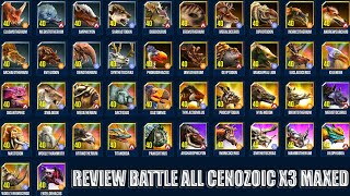 REVIEW BATTLE ALL CENOZOIC X3 MAXED  JURASSIC WORLD THE GAME [upl. by Axia]