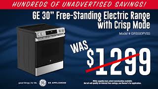 GE 30quot FreeStanding Electric Range w Crisp Mode  Rosners Columbus Day Sale  015 [upl. by Ellenor643]