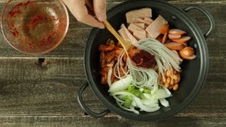 korean food spicy sausage stew army camp stew budae jjigae 부대찌개 [upl. by Berliner983]