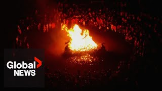 Viking fire festival Hundreds carry flaming torches through Scotland town to mark Up Helly Aa [upl. by Ominorej]